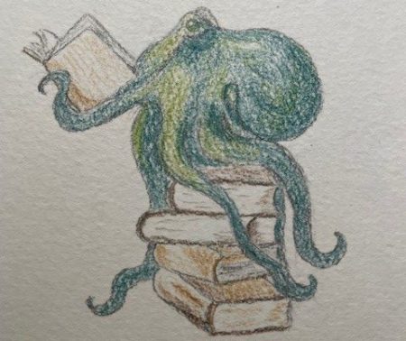 Zeichnung eines Oktpus, auf einem Bücherstapel und ein Buch lesend