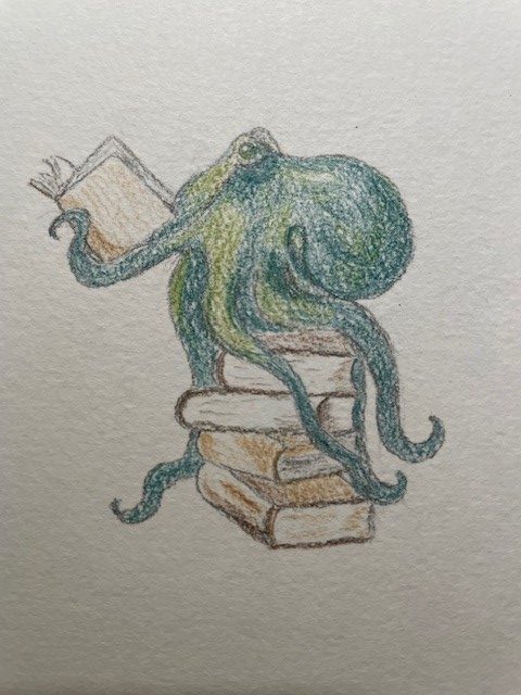Zeichnung eines Oktpus, auf einem Bücherstapel und ein Buch lesend