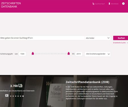 Screenshot der Startseite der Zeitschriftendatenbank