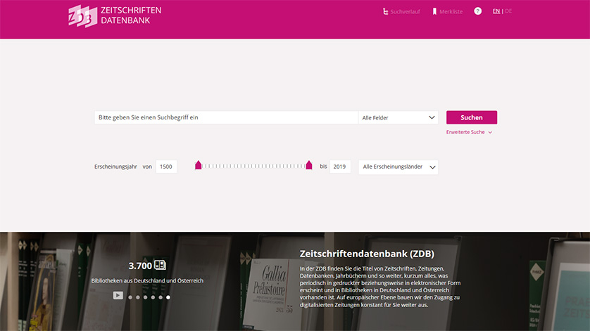 Screenshot der Startseite der Zeitschriftendatenbank