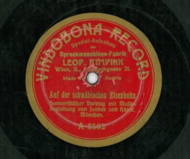 Label der Schellackplatte "Auf der schwäbischen Eisenbahn". Im DNB katalog unter: https://d-nb.info/382092929