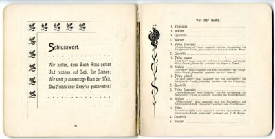 Doppelseite, links ein Gedicht mit Erwähnung der Dreyfus-Affäre, rechts eine Liste von Tänzen.
